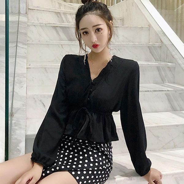 

sweet beauty blouse women fashion long-sleeved lace shirt v-neck ruffled short blouses blusas mujer de moda.w women's & shirts, White