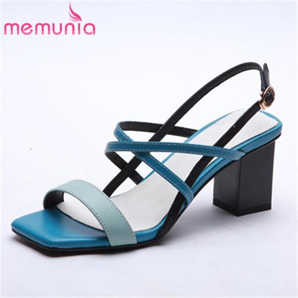 

dress shoes memunia 2021 genuine leather sandals women buckle mixed colors square high heel summer party ladies, Black