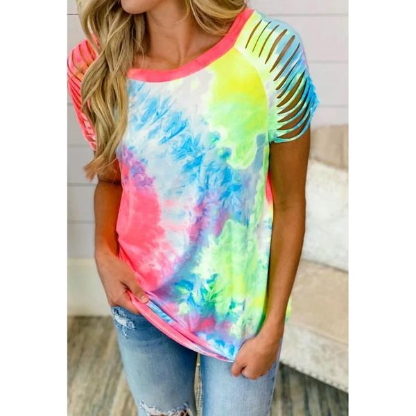 

streetwear short sleeve womens hollow out boho camis summer tie dye print tees, White