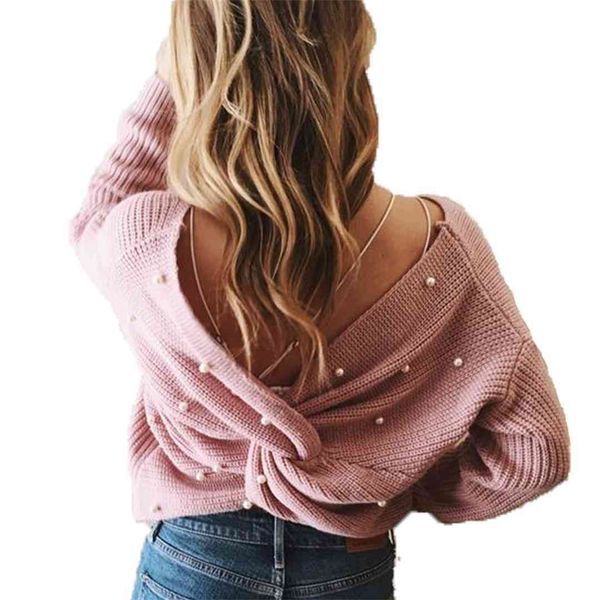 

back v neck pearl beaded detail twist sweater fashion long sleeve plain pullovers sweaters women casual knitting jumper, White;black