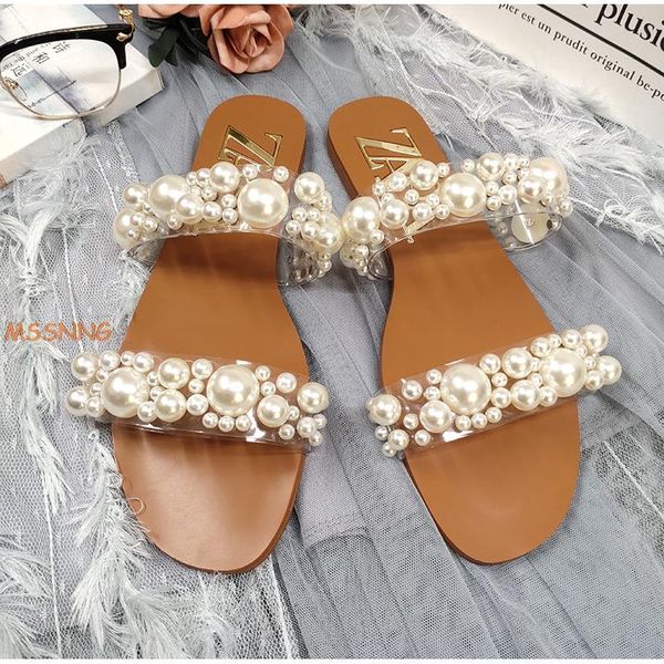 

slippers pearl shoes women summer decoration slides flat elegant party, Black