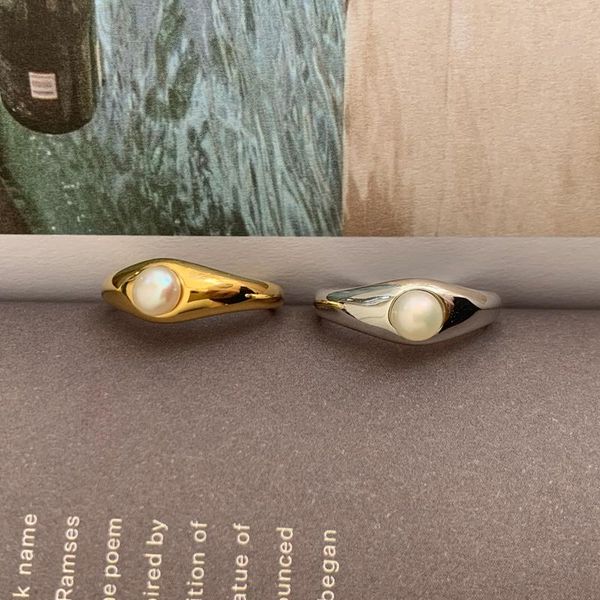 

wedding rings elegant geometric natural freshwater pearl ring for women minimalist design statement boho tail trendy jewelry, Slivery;golden