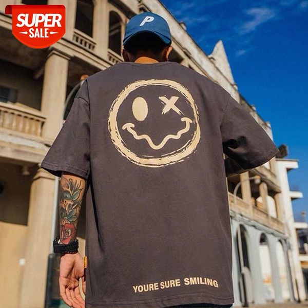 

smiley face t-shirt male short-sleeved cec hong kong style couple half-sleeved national tide hip-hop five-point sleeve grimace short t #vh54, White;black