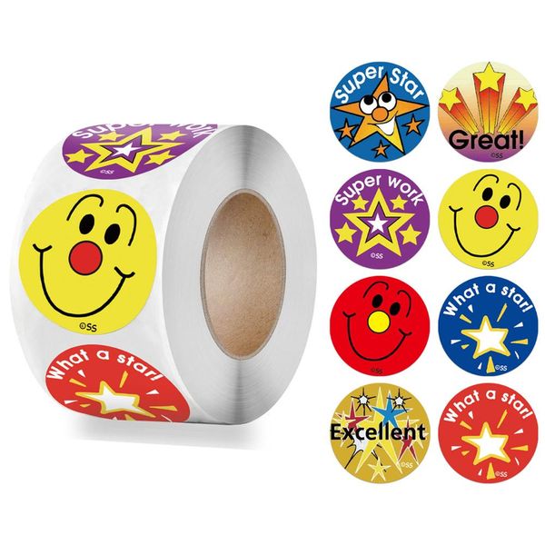 

smile face sticker for reward kids children 500pcs/roll 1 inch encourage labels kawaii star pattern sticker for teacher supplies