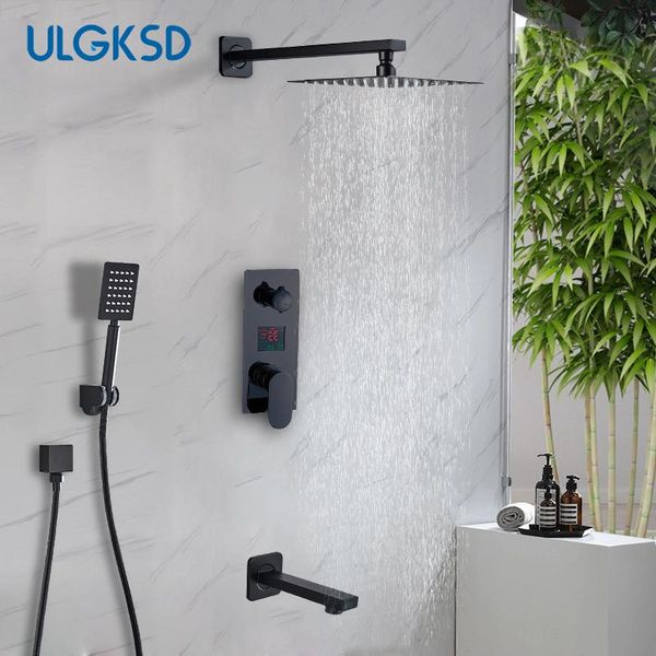 

black concealed shower set digital display faucet kit rain waterfall head 2/3 ways system rotate bath mixer tap bathroom sets