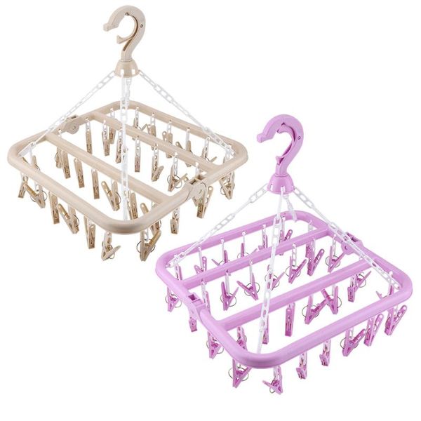 

clips folding clothes hanger dryer windproof socks underwear drying rack children multifunctional shelf purple/beige hangers & racks