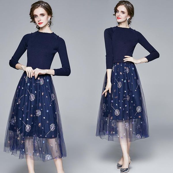 

casual dresses spring temperament women dress elegant slim knitting splicing mesh winter runway fashion high waist bottoming vestidos wbx1, Black;gray