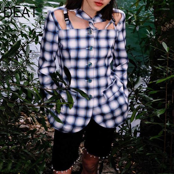 

women's suits & blazers deat women blue plaid hollow out blazer lapel long sleeve slim fit fashion spring autumn 2021 7d065, White;black