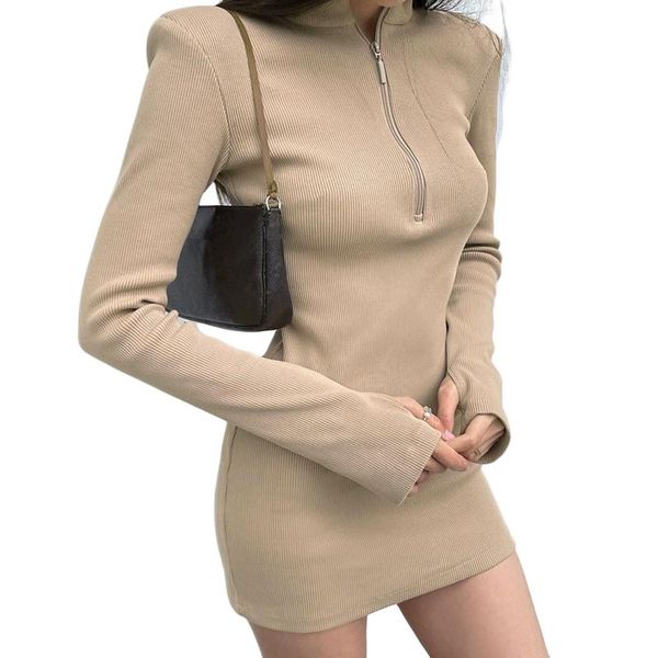 

casual dresses women\u2021s long sleeve skinny dress fashion solid color zipper high collar short, Black;gray