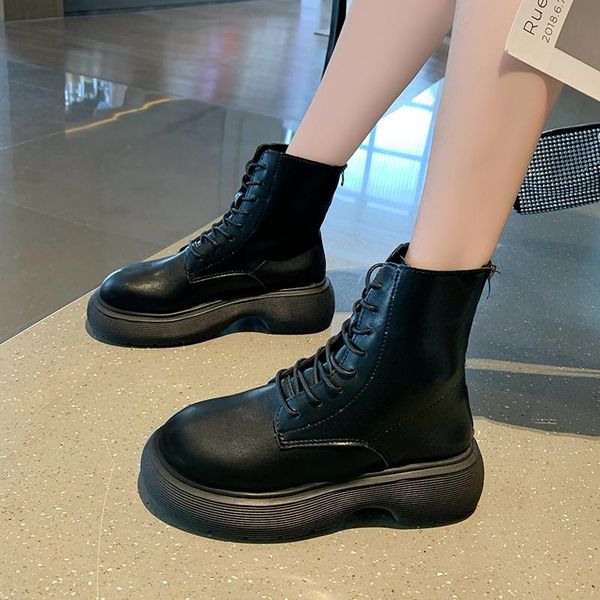 

boots comfortable thick sole botas mujer de sobern back zipper platform ankle women round toe pu leather shoes woman, Black