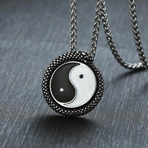 

pendant necklaces punk men necklace stainless steel jewelry chinese yin yang bagua snake chain white black balance kolye, Silver