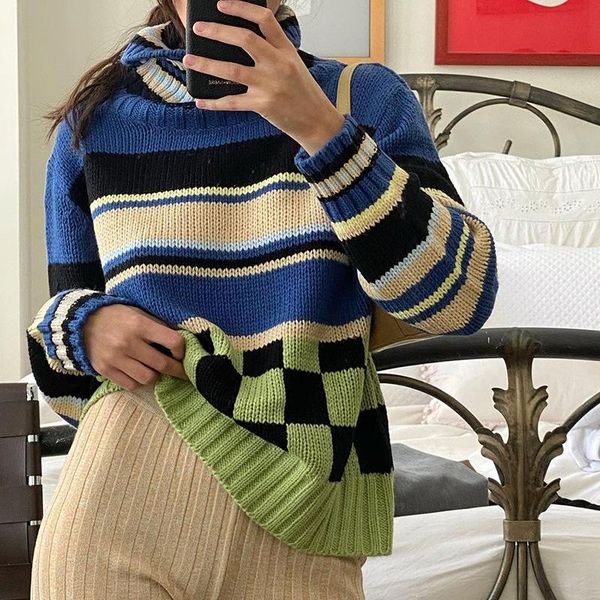 

women's sweaters women casual knitted autumn sweater elegant hollow out vintage long sleeves o-neck loose colorful striped pullovers, White;black