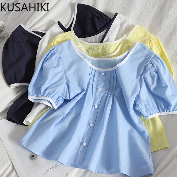 

kusahiki summer buttons doll shirt sweet puff sleeve square collar women causal blusas mujer de moda verano 6h624 210602, White
