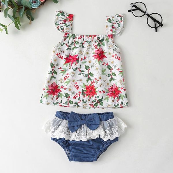 

2pcs leisure infant print strap t-shirts comfortable chic fashionable lace bow pp briefs baby girl summer clothes set clothing sets, White