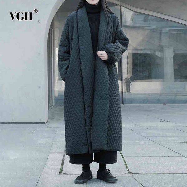 

vgh loose argyle parkas for women v neck long sleeve solid minimalist basic casual midi coat female winter fashion new tide 210421, Black