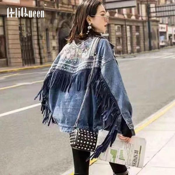 

women's jackets autumn streetwear denim jacket women hand-studded rivet tassel embroidery jeans loose black coats chaquetas mujer 2021, Black;brown