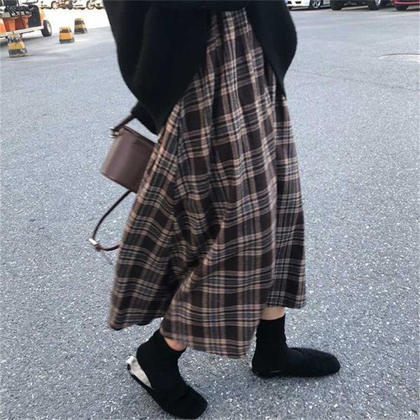 

japanese harajuku autumn winter women midi skirt high waist plaid female saias korean ulzzang streetwear elegant long skirts 211124, Black