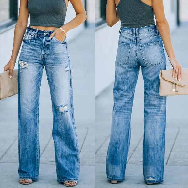 

women's jeans streetwear side basic style hollow out wide-leg high waist pants elegant ladies europe fashion 2021#g30, Blue