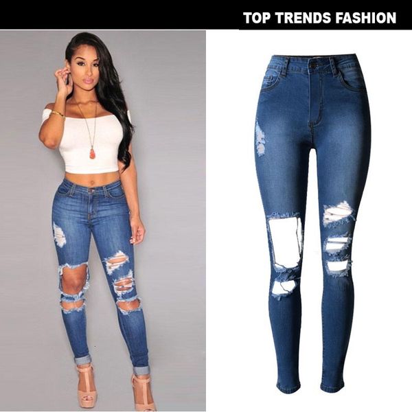 

stretch high waist perforated women's jeans leggings slim fit large, Blue