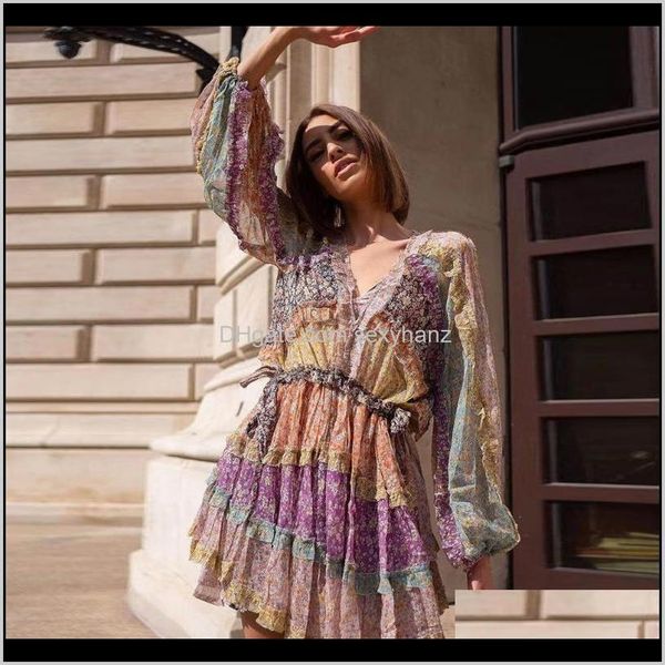 

casual womens clothing apparel drop delivery 2021 gedivoen autumn fashion runway short dress women lantern sleeve multicolor print patchwork, Black;gray