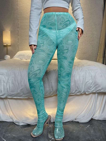 

marble print sheer mesh leggings g7yh#, Black