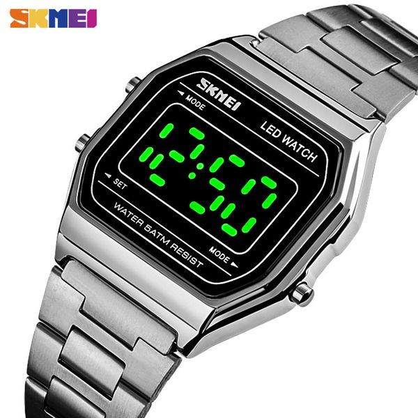 Skmei Fashion Led Watches for Mens Luminous Date Digital Orologio da polso da uomo Cinturino in acciaio inossidabile Impermeabile Hour Montre Homme 1646 Q0524