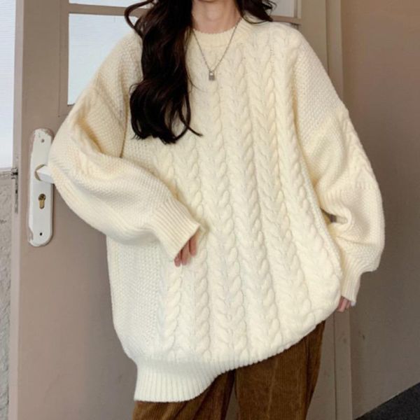 

women's sweaters white twist pullover sweater loose outer wear autumn and winter 2021 lazy style top, White;black