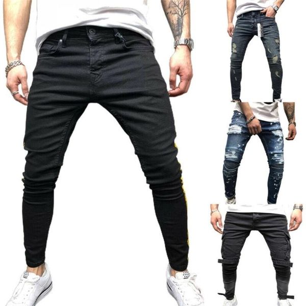 

men's pants mens slim fit skinny ripped jeans big pocket casual distressed trousers, Black