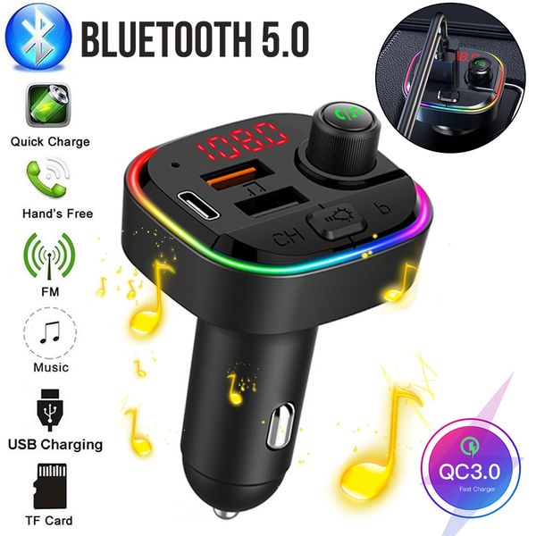

car fm transmitter bluetooth 5.0 wireless car kit 18w pd qc3.0 fast charger with mp3 player colorful rgb backlight auto charging