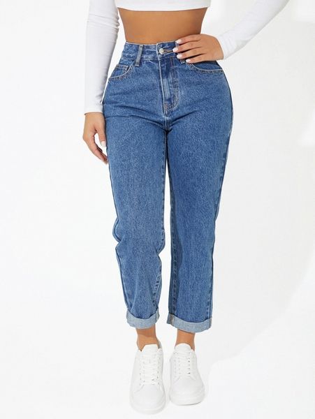 

petite high waist roll hem cropped jeans b87l#, Blue