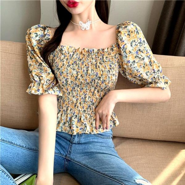 

fashion summer women floral print short sleeve square neck off shoulder ruffled blouse female slim crop women's blouses & shirts, White