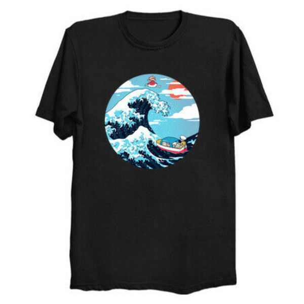 

r2 ponyo great wave off kanagawa art japanese mashup funny anime black t-shirt, White;black