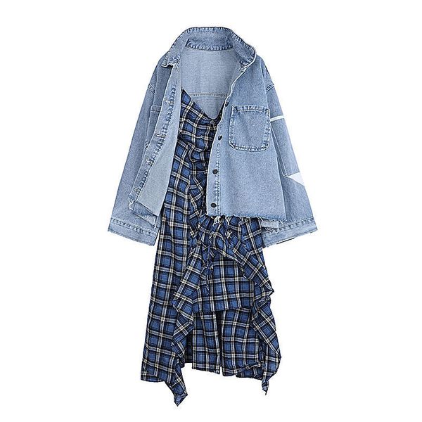 

2pcs set women plaid drawstring irregular ruffle sling dress & printed denim frayed jacket two-piece-set t3021 210514, Black;gray