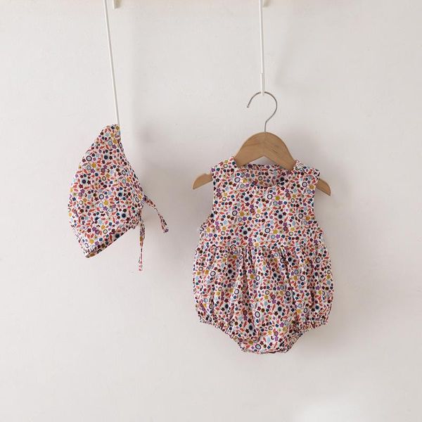 

clothing sets baby girls floral rompers fashion summer cotton jumpsuits with hat sleeveless children cover button one-pieces 0-2 years, White