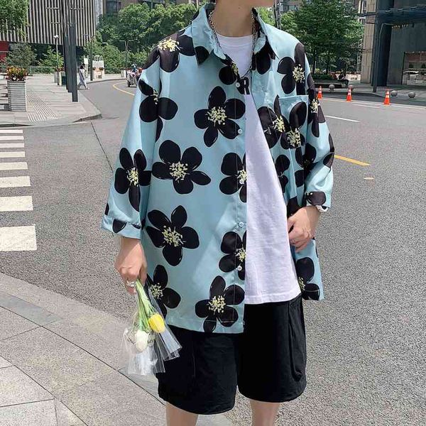 

men's casual shirts summer floral fashion printed men streetwear loose short-sleeved mens hawaiian -5xl jgbm, White;black