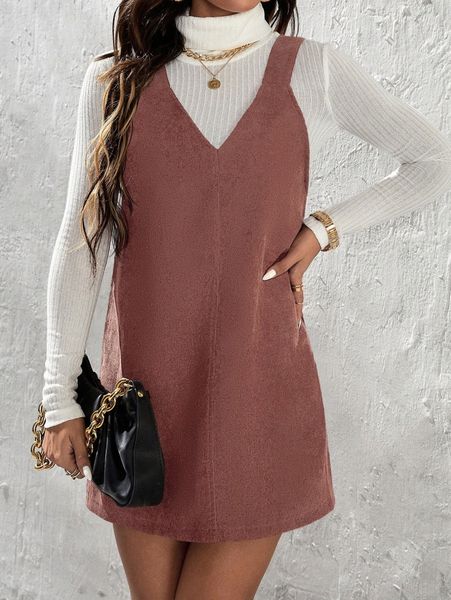 

petite solid corduroy overall dress without sweater w1t5#, Black;gray