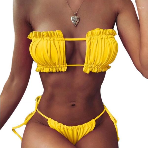 

women bikinis set summer solid strapless ruffles bathing suimwear beach ladies wear string bandage padded 2021 women's swimwear, White;black