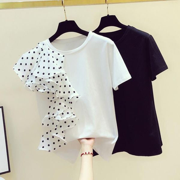 

superaen ruffled patchwork o neck t-shirt women's short sleeve fashion irregular summer loose top, White