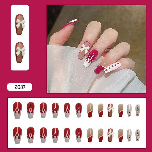 

false nails 24pcs flame print nail patch glue type removable long paragraph fashion manicure save time mpwell, Red;gold