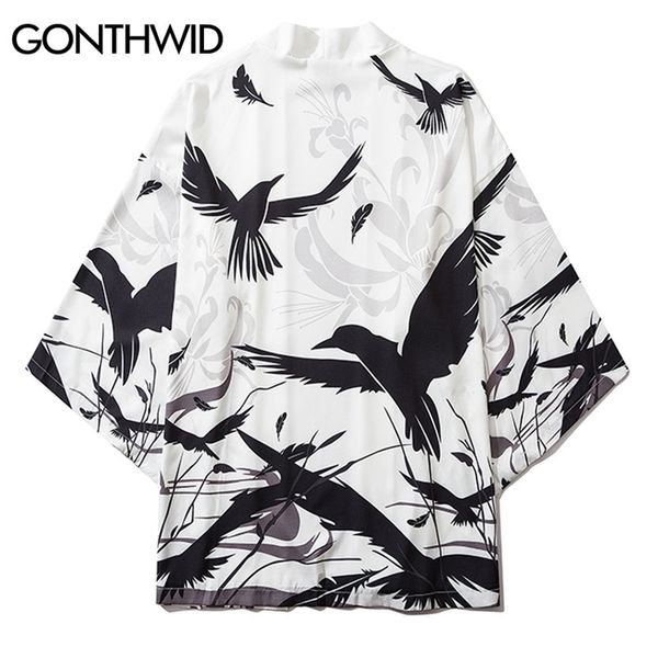 

gonthwid mens raven crow bird print japanese kimono cardigan jacket shirts streetwear harajuku hip hop casual loose coats 211110, Black;brown