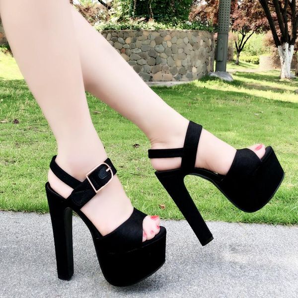 

15cm thick heel ladies high sandals concise elegant heels europe and america sweet wild white women's shoes, Black