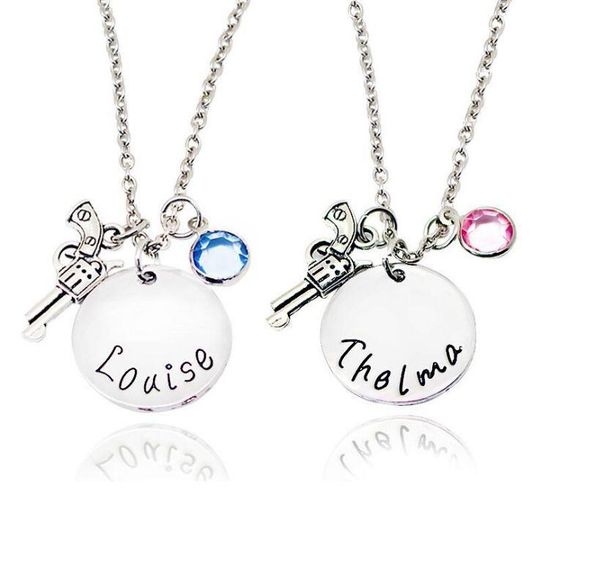 

pendant necklaces 2pcs/set carved louise thelma couple necklace blue pink rhinestones gun lovers friend gifts bijoux femme drop, Silver