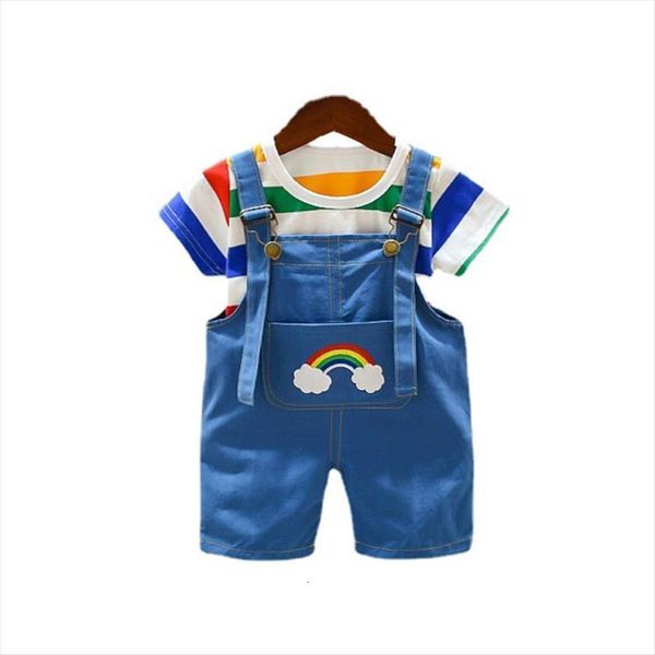 

summer children striped clothing baby boys girls cotton t shirt bib shorts 2pcs sets toddler casual tracksuit kid infant clothes, White