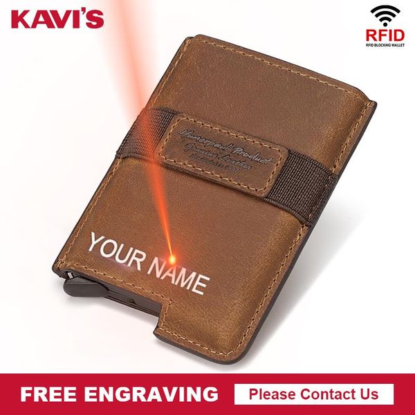 

card holders kavis business id holder men and women metal rfid vintage aluminium box real leather wallet name engraving, Brown;gray