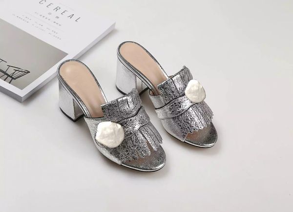 

sandals lady summer designer sandals metal buckle leather high heeled shoes coarse heel half slippers large size 34-42, Black