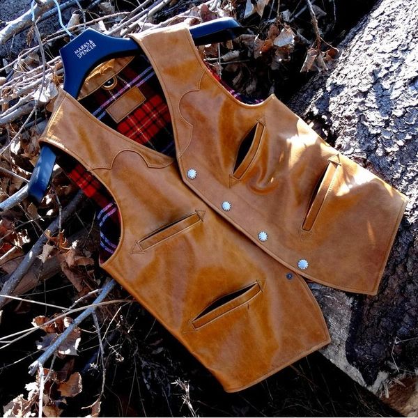 

men's leather & faux tuscany batik calf genuine vest waistcoat coat, Black