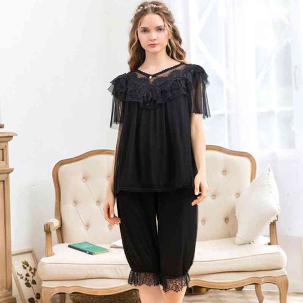 

women's sleepwear summer home wear female short-sleeved calf-length pant sleepwear pajamas set mesh pijamas women sweet loose pyja, Black;red