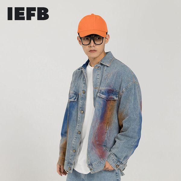 IEFB Herrenbekleidung Sprühfarbe Schwarz Blaue Jeansjacken Lose Kausal Frühling Einreihiger Knopf Kurzer Jeansmantel 9Y4132 210524