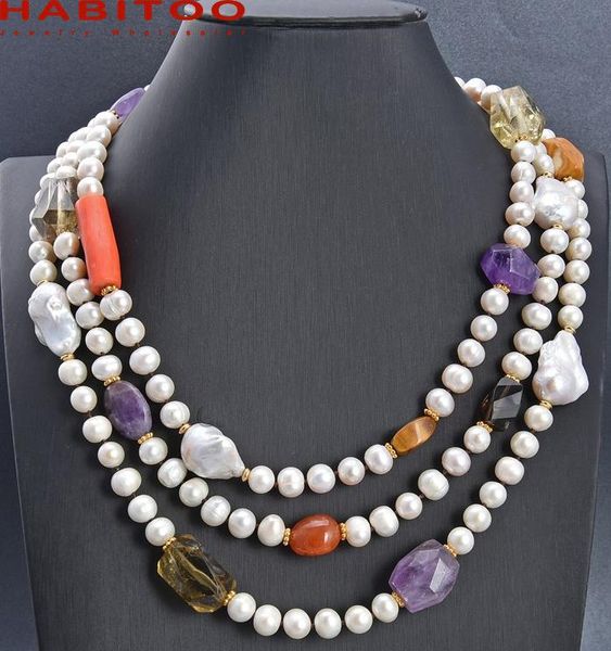 

chokers boho 19inch 3 strands 8-9mm white cultured pearl keshi multi-color gems stone choker necklace for women jewelry, Golden;silver
