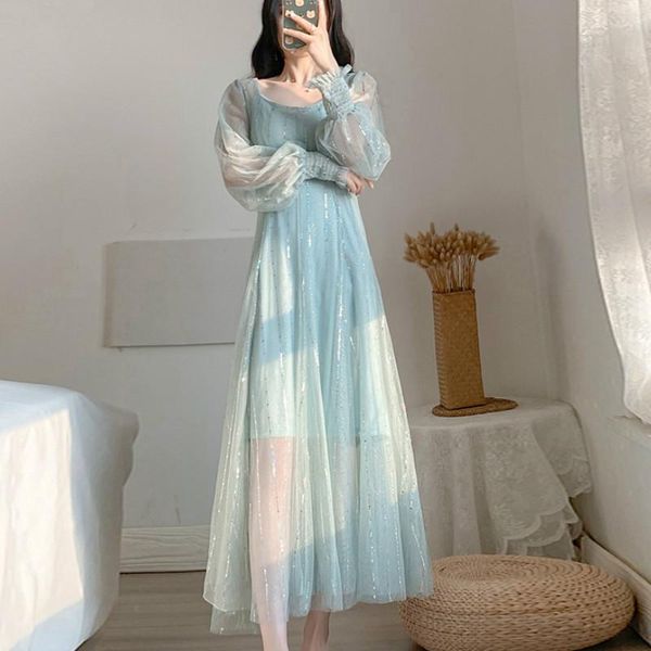 

casual dresses women elegant long party dress 2021 spring autumn fashion female v-neck full sleeve vintage mesh lace vestido, Black;gray